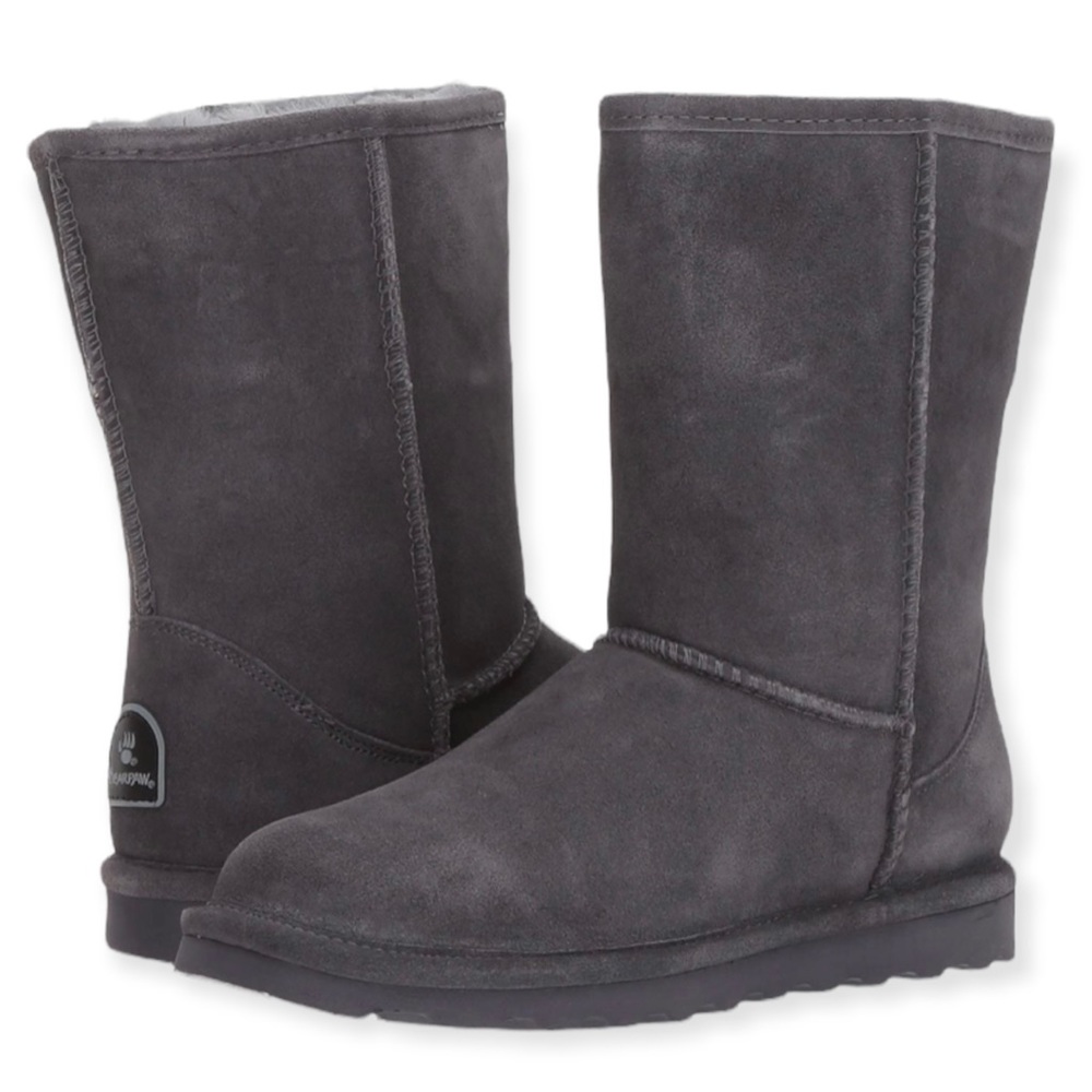 BEARPAW Elle Short Boot Charcoal Grey Suede Wool Lining Sheepskin Footbed NIB